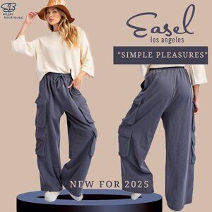 📌 EASEL “Simple Pleasures” Thick Mineral Wash Terry Knit Cargos Wide Leg Pockets